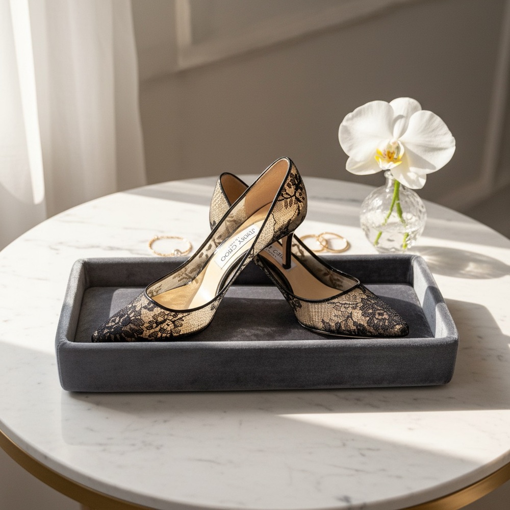 Jimmy Choo Black and Gold Lace Heels